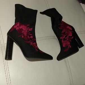 Black Embroidered Red Rose Sock Booties